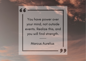 Stoic quote on inner power by Marcus Aurelius over a sunset sky background