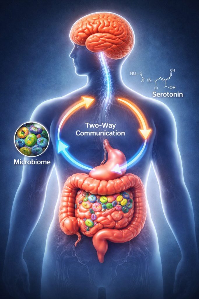 gut brain connection depression illustration showing microbiome and brain communication
