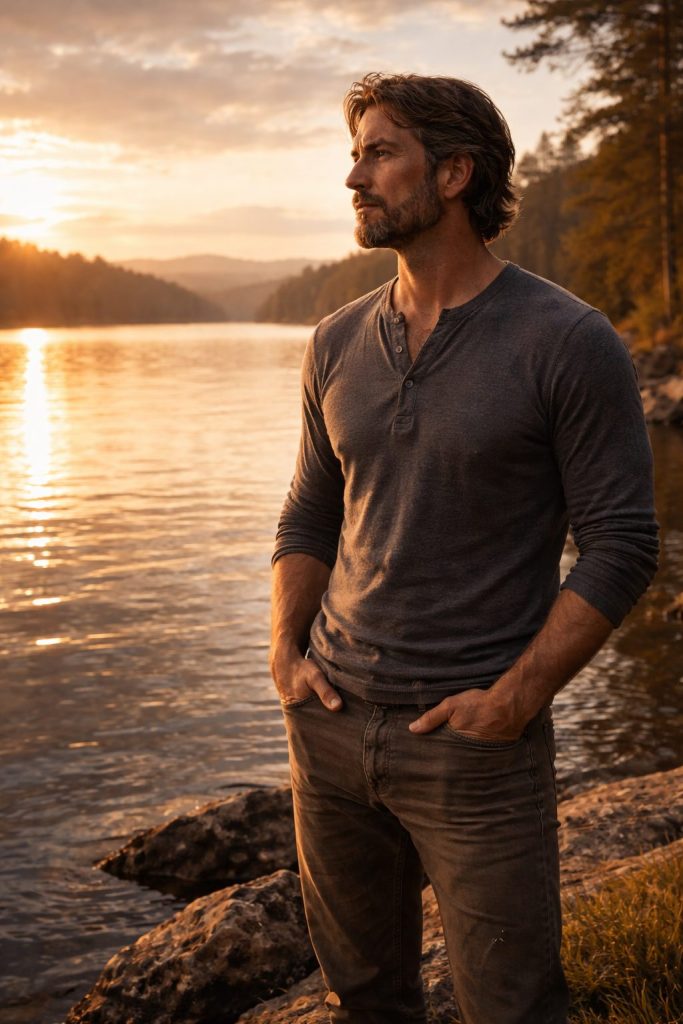 mature king archetype grounded leadership calm masculine presence by water